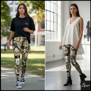 Sepia Abstract Geometric Folk Art Quilt Leggings