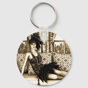 Sepia Art Deco Flapper Woman Illustration Key Ring