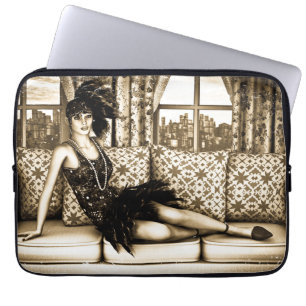 Sepia Art Deco Flapper Woman Illustration Laptop Sleeve