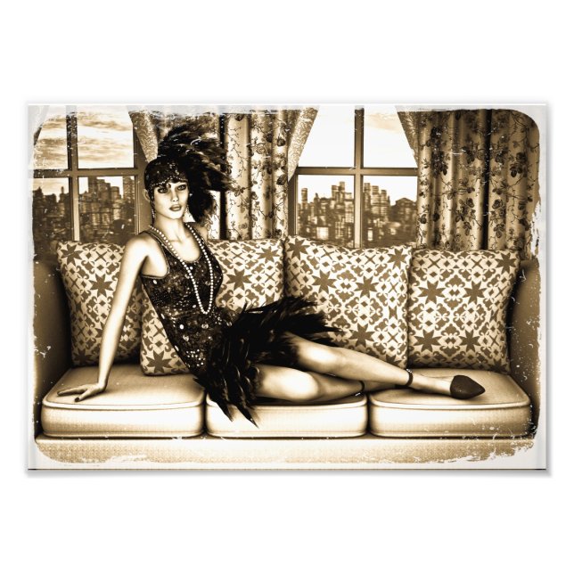 Sepia Art Deco Flapper Woman Illustration Photo Print (Front)
