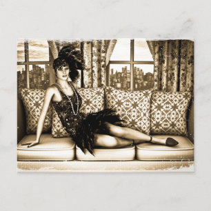 Sepia Art Deco Flapper Woman Illustration Postcard