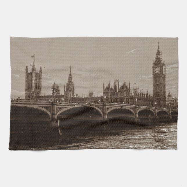 Sepia Big Ben Tower Palace of Westminster Tea Towel (Horizontal)