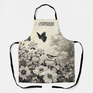 Sepia Botanical Birds Butterflies Vintage Apron
