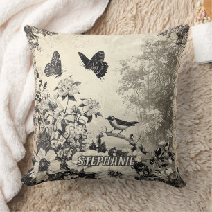 Sepia Botanical Birds Butterflies Vintage Cushion