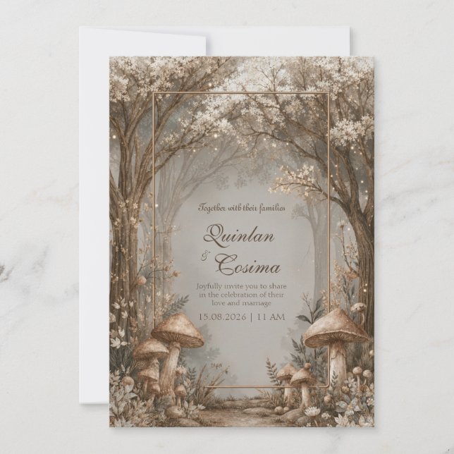 Sepia Bronze Mushroom Enchanted Forest Wedding Invitation (Front)
