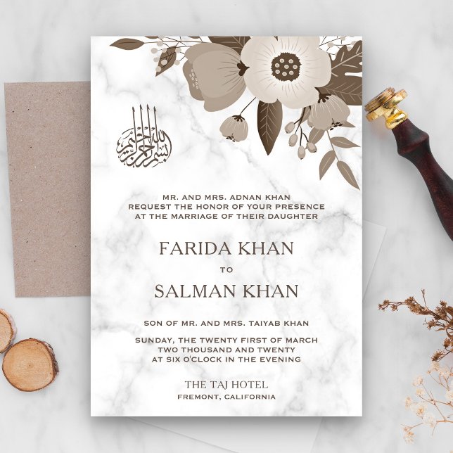 Sepia Brown Floral White Marble Islamic Wedding Invitation (Creator Uploaded)
