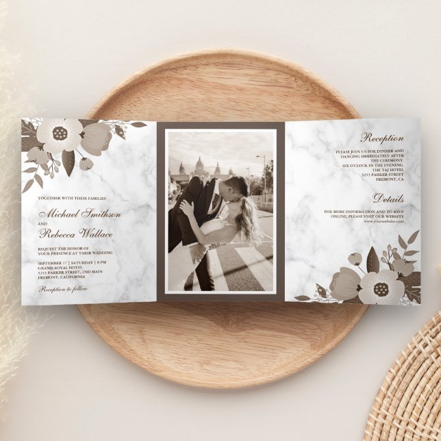 Sepia Brown Floral White Marble Photo Wedding Tri-Fold Invitation (Creator Uploaded)