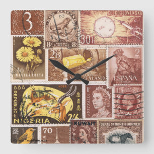 Sepia Brown Gold Wall Clock, Postage Stamp Art Square Wall Clock