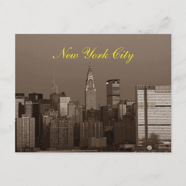 Sepia Brown Script New York City Skyline Postcard (Front)