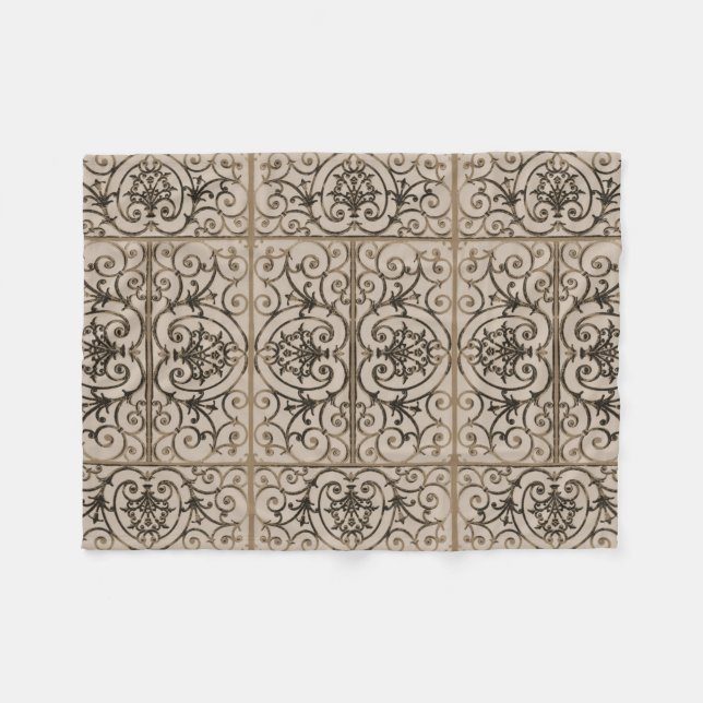 Sepia brown scrollwork pattern fleece blanket (Front (Horizontal))