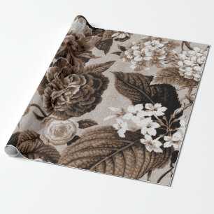 Sepia Brown Vintage Floral Toile Fabric No.1 Wrapping Paper