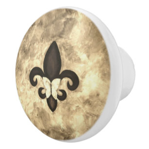 Sepia Butterfleur Tan Butterfly on Fleur de Lis Ceramic Knob