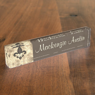 Sepia Butterfleur Tan Butterfly on Fleur de Lis Nameplate