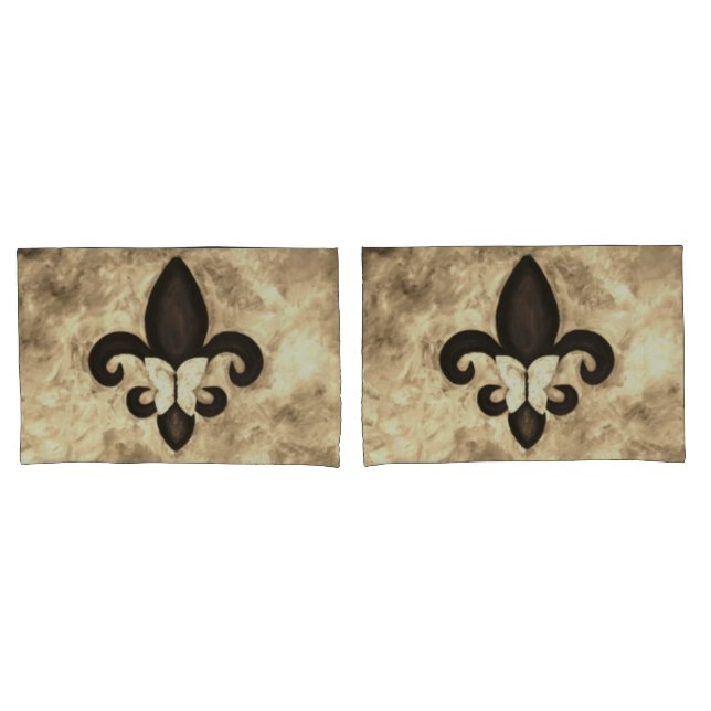 Sepia Butterfleur | Tan Butterfly on Fleur de Lis Pillowcase (Front-Set)