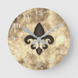 Sepia Butterfleur   Tan Butterfly on Fleur de Lis Round Clock