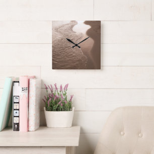 Sepia Caribbean Shoreline Waves 1 Square Wall Clock