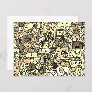 Sepia Cartoon Character Hand Drawn Toss Pattern Postcard
