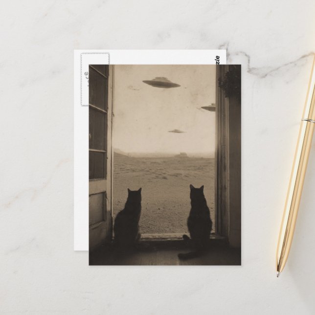 Sepia Cats and UFOs Postcard (Front/Back In Situ)