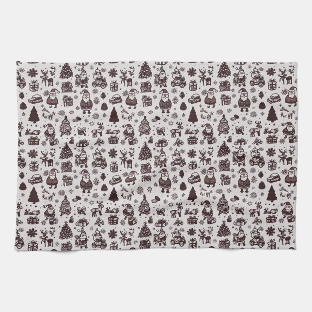 Sepia Christmas Pattern Tea Towel (Horizontal)