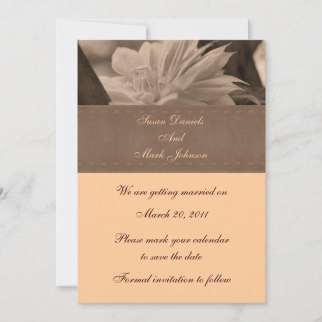 Sepia Clematis Flower Wedding Save The Date Invitation (Front)
