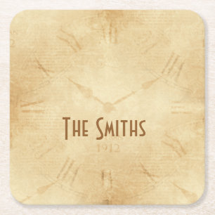 Sepia Clock Face Steampunk Square Paper Coaster