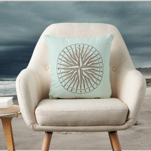 Sepia Compass Rose on Light Vintage Green Cushion