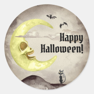 Sepia Creepy Moon Bats Black Cat Halloween Classic Round Sticker