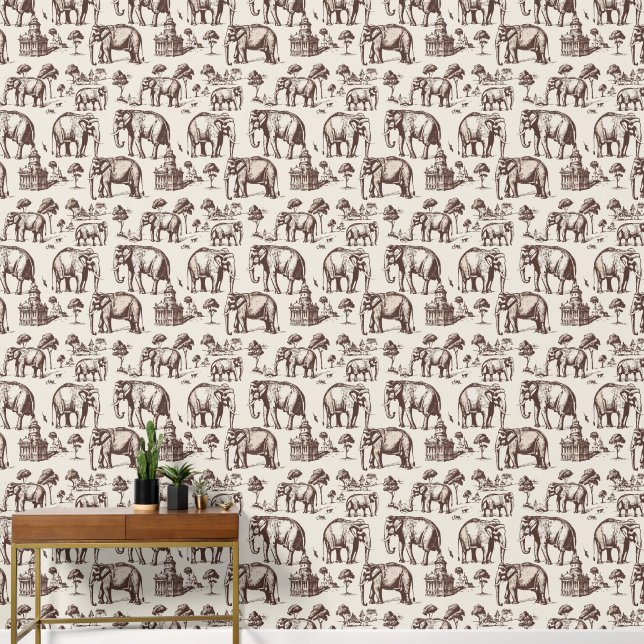 Sepia Elephants and Landmarks Wallpaper (Hallway)