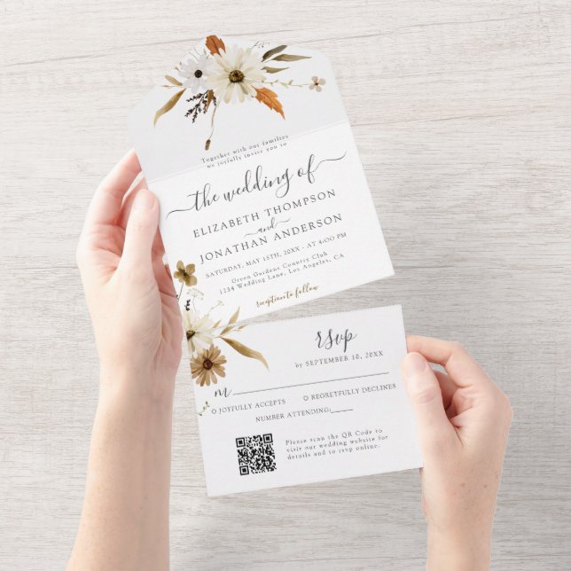 Sepia Fall Floral Cream Daisy Wild QR RSVP Wedding All In One Invitation (Tearaway)