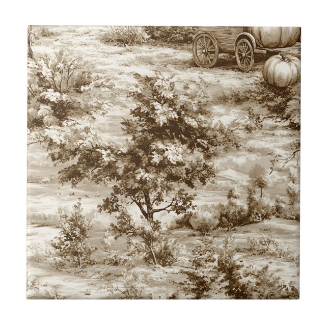 Sepia Farmhouse Pumpkin Toile Harvest Pattern Ceramic Tile (Front)