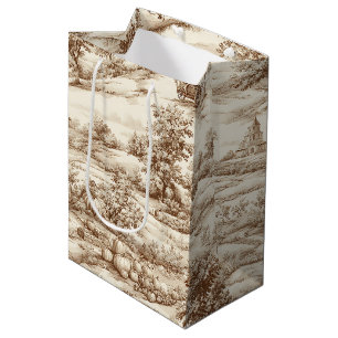 Sepia Farmhouse Pumpkin Toile Harvest Pattern Medium Gift Bag
