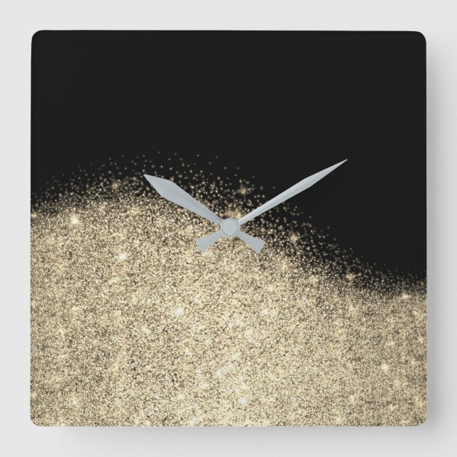 Sepia Faux Gold Black Glitter Grey Minimal Metal Square Wall Clock (Front)