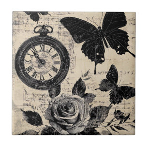 Sepia Floral Butterfly Wanderlust Compass Ceramic Tile