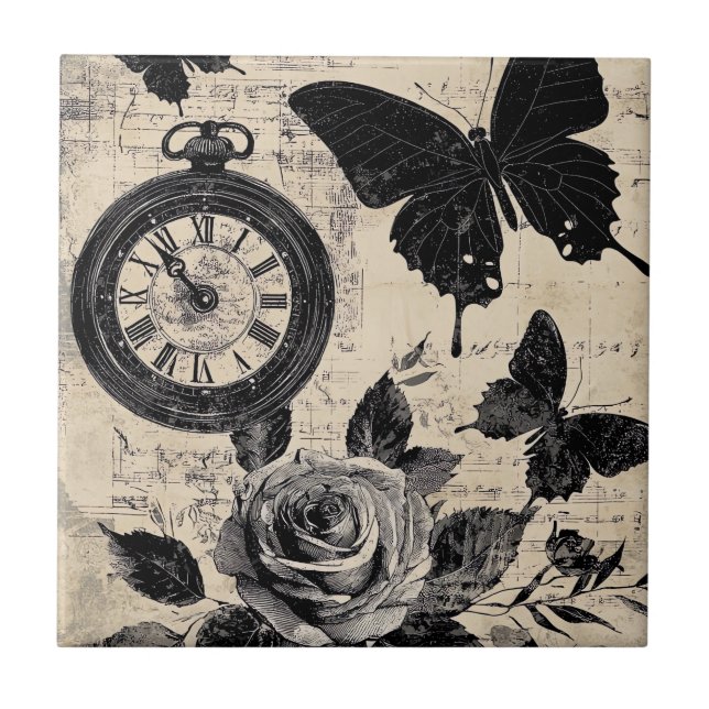 Sepia Floral Butterfly Wanderlust Compass Ceramic Tile (Front)