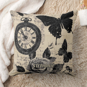 Sepia Floral Butterfly Wanderlust Compass Cushion