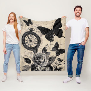 Sepia Floral Butterfly Wanderlust Compass Fleece Blanket