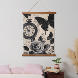 Sepia Floral Butterfly Wanderlust Compass Hanging Tapestry