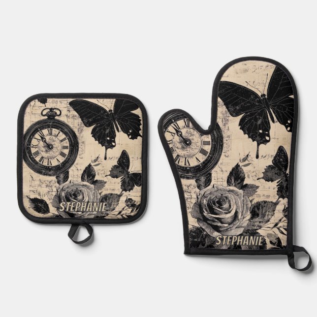 Sepia Floral Butterfly Wanderlust Compass Oven Mitt & Pot Holder Set (Front)