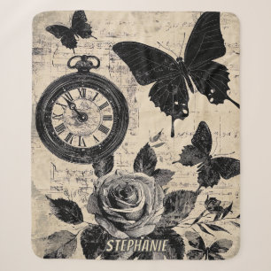 Sepia Floral Butterfly Wanderlust Compass Sherpa Blanket