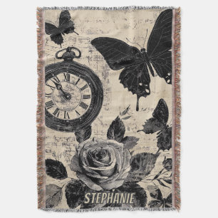 Sepia Floral Butterfly Wanderlust Compass Throw Blanket