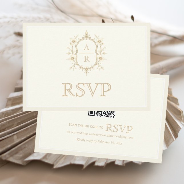 Sepia floral crest monogram QR code wedding RSVP Card (Creator Uploaded)