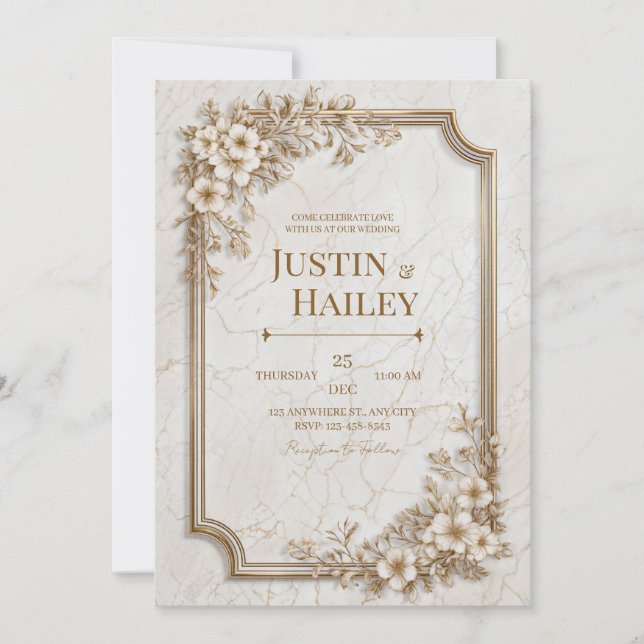 Sepia Floral Marble Gilded Frame Wedding Invitation (Front)