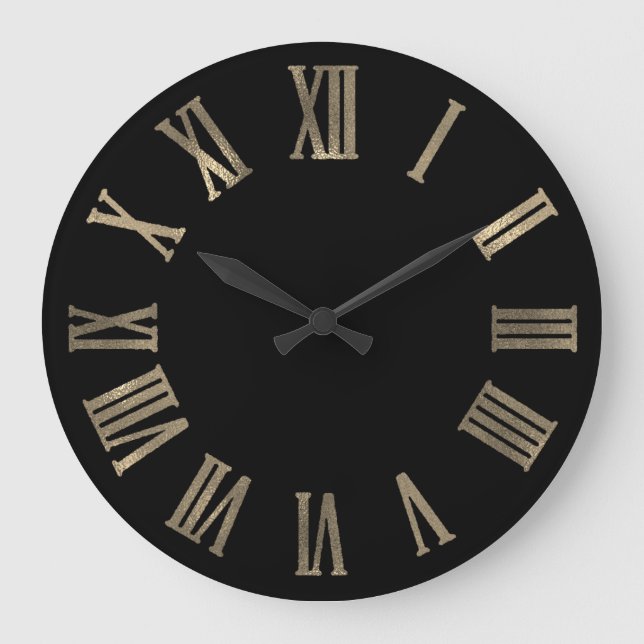 Sepia Gold Black Metallic Minimal Roman Numbers Large Clock (Front)