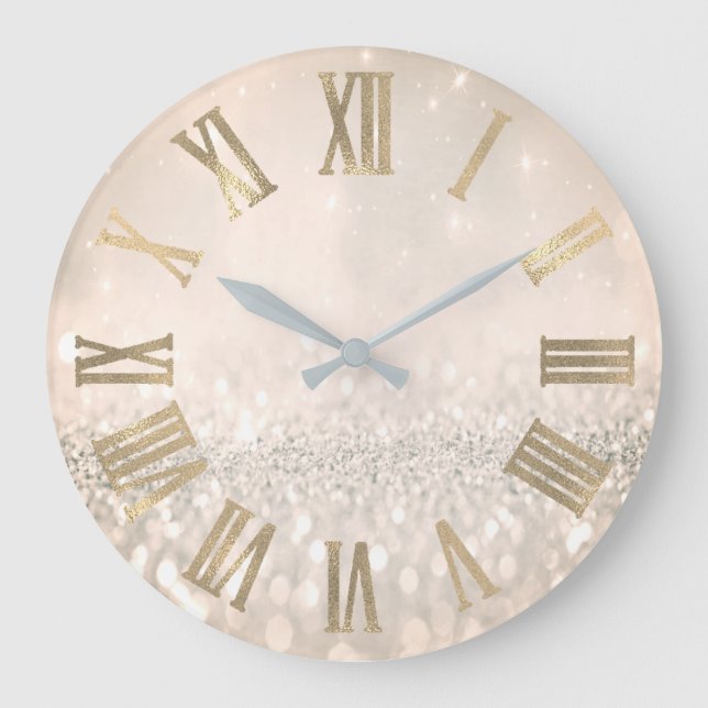 Sepia Gold Glitter Gray Metallic Roman Numers Large Clock (Front)