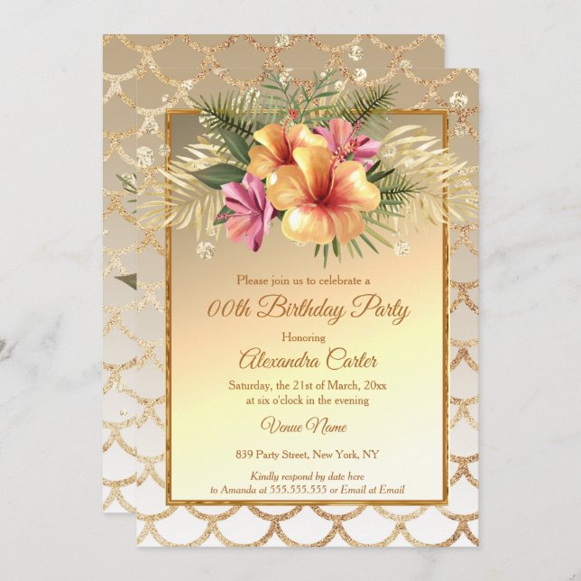 Sepia Gold Pink Hibiscus Floral Birthday Party Invitation (Front/Back)