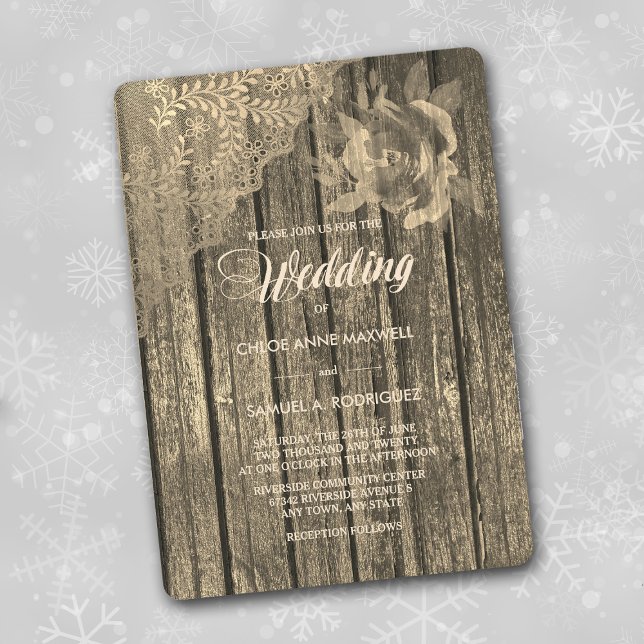 Sepia Gold Wood Lace and Rose Wedding Invitation (Creator Uploaded)