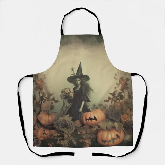 Sepia Gothic Witch with Pumpkins and Autumn Roses Apron (Front)