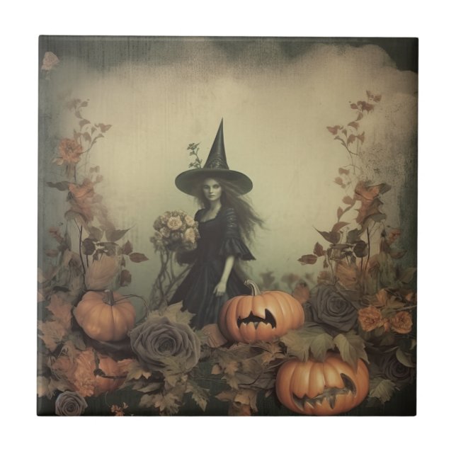 Sepia Gothic Witch with Pumpkins and Autumn Roses Ceramic Tile (Front)