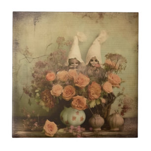 Sepia Gothic Witch with Pumpkins and Autumn Roses Ceramic Tile