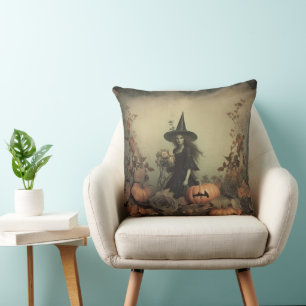 Sepia Gothic Witch with Pumpkins and Autumn Roses Cushion